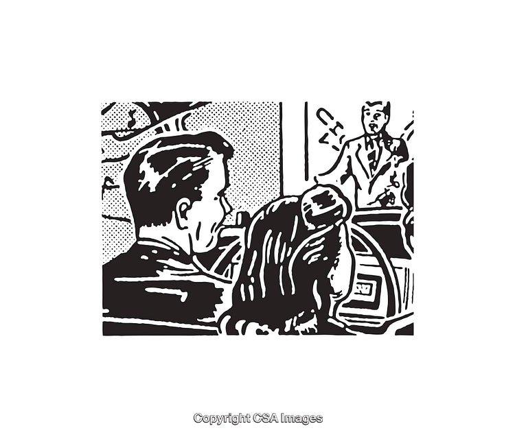 Retro Line Art Illustration of a Couple Watching a Presenter On Stage