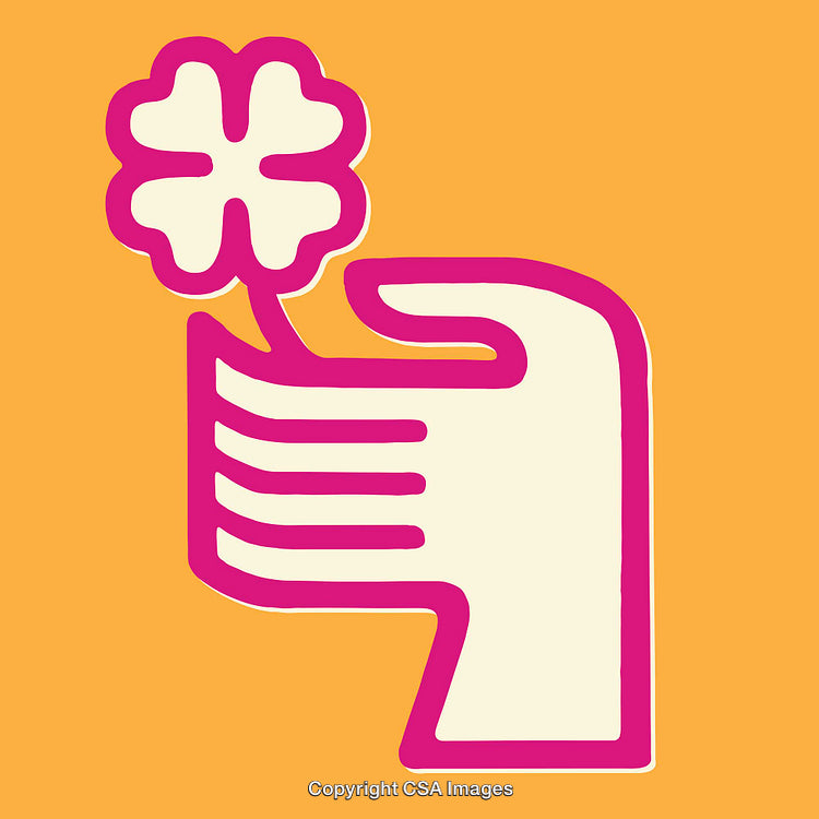 Colorful Illustration of a Hand Holding a Four-Leaf Clover Icon