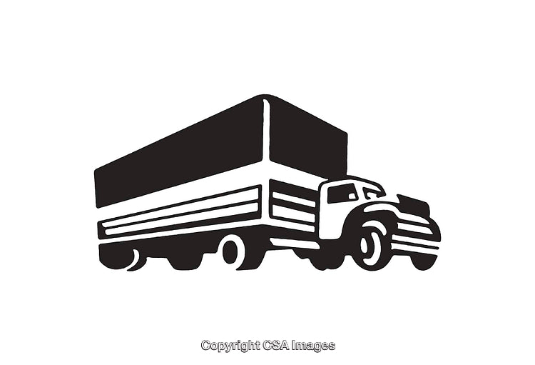 Black and White Line Art Illustration of a Large Cargo Truck