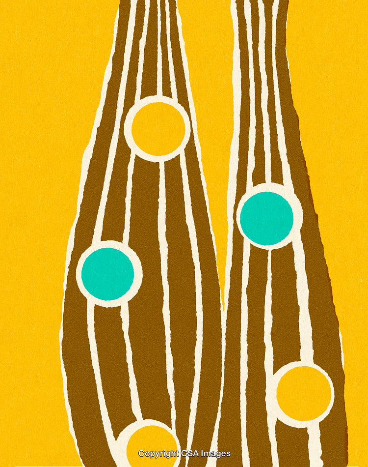 Abstract Artwork Featuring Brown Organic Shapes and Vibrant Circles on Yellow Background