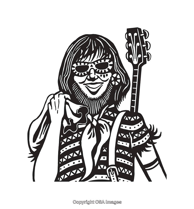 Black and White Line Art of a Guitarist with Tambourine