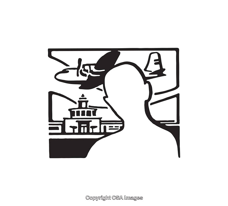 Abstract Line Art Illustration Featuring a Traveler and Aviation Motifs