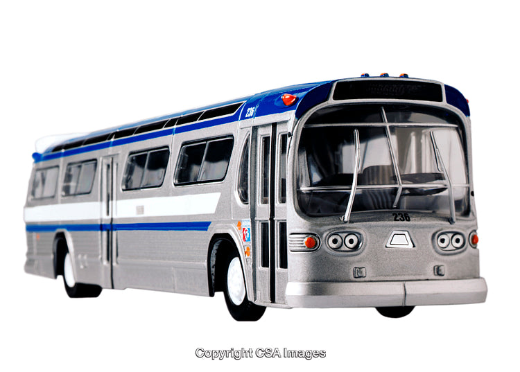 Detailed Plastic Model of a Vintage Blue and Silver Public Transportation Bus