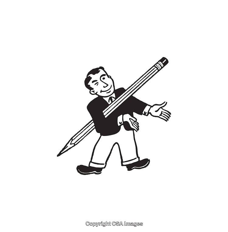Retro Black And White Illustration of Man With Oversized Pencil