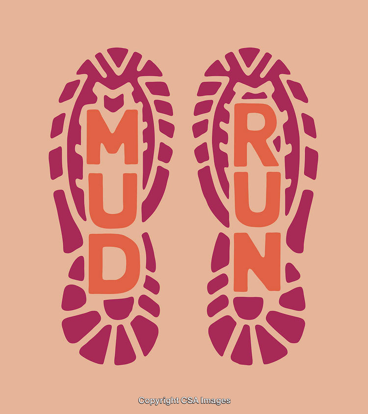 Bold Illustrated Mud Run Tread Design With Vibrant Pink and Orange Colors