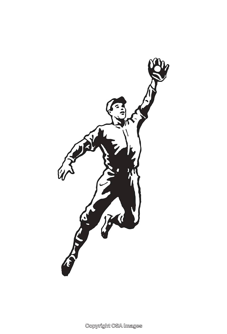 Black and White Line Art of a Baseball Player Catching a Ball