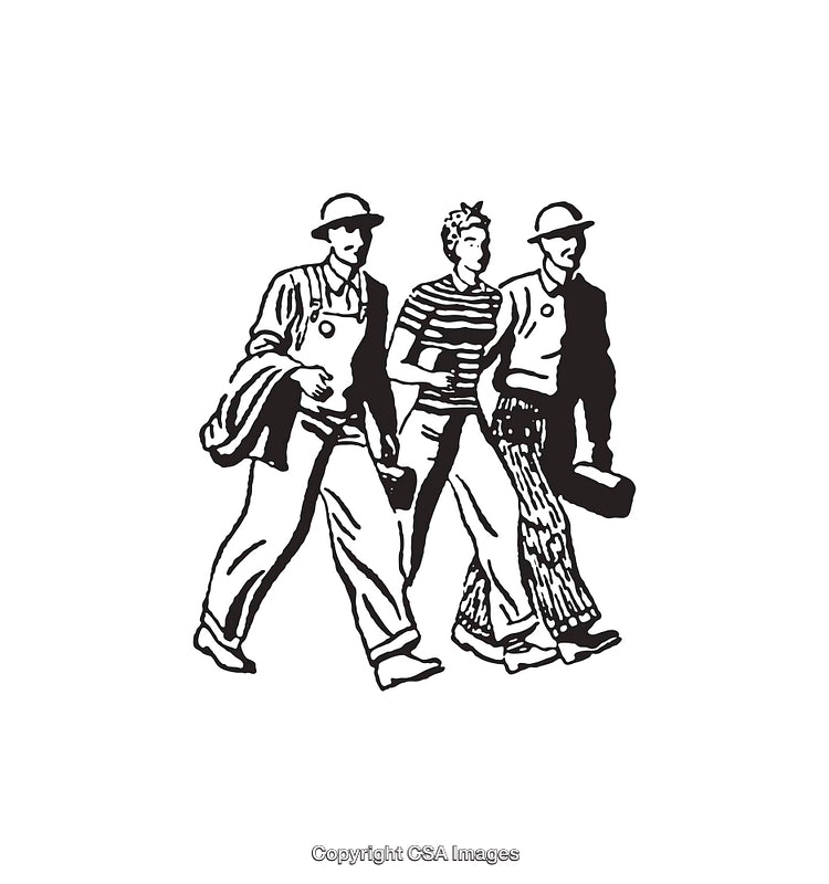 Three Individuals Walking Together Depicted in Black and White Line Art
