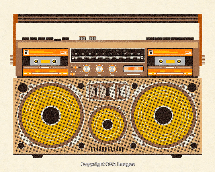 Retro Boombox Illustration with Yellow Speakers in Vintage Style