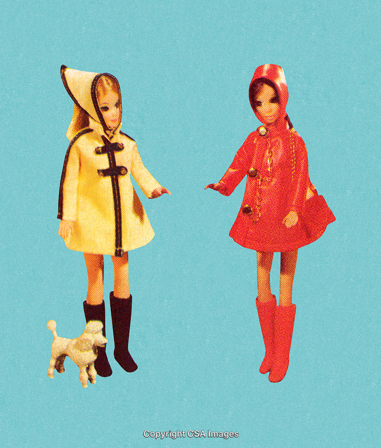 Stylized Retro Dolls with Vintage Coats and Poodle on Blue Background