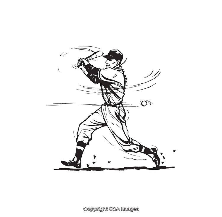 Vintage Baseball Line Art of a Batter Swinging at a Pitch