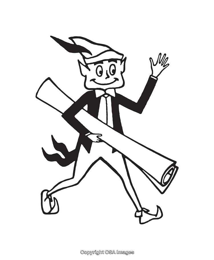 Black and White Illustration of a Stylish Elf Carrying a Scroll