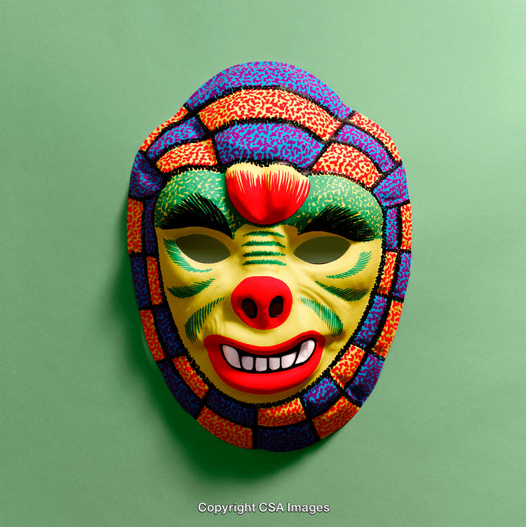 Colorful Textured Mask with Artistic Design on Green Background