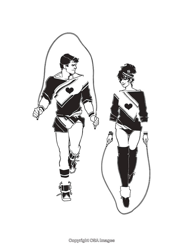 Black And White Illustration of People Jumping Rope in Playful Outfits