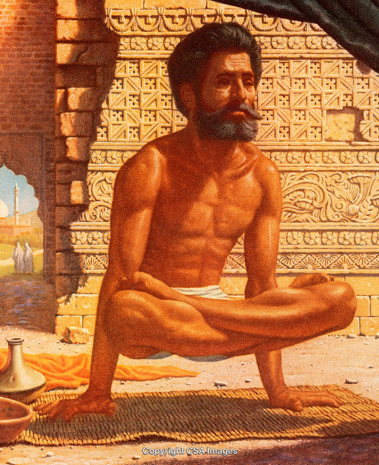 Man Meditating Outdoors in Serene Autumn Setting Near Ornate Architecture