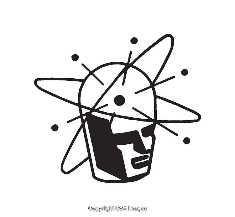 Black and White Atomic Head Illustration with Orbiting Elements