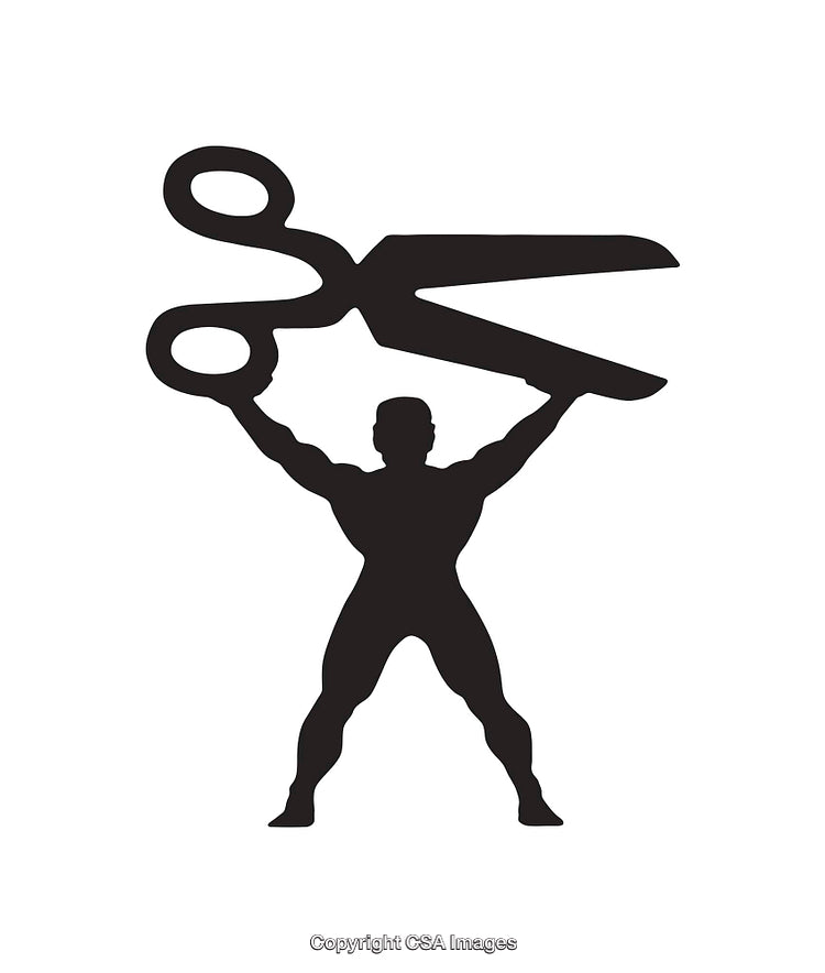 Silhouette of a Strongman Lifting Large Scissors in Black and White