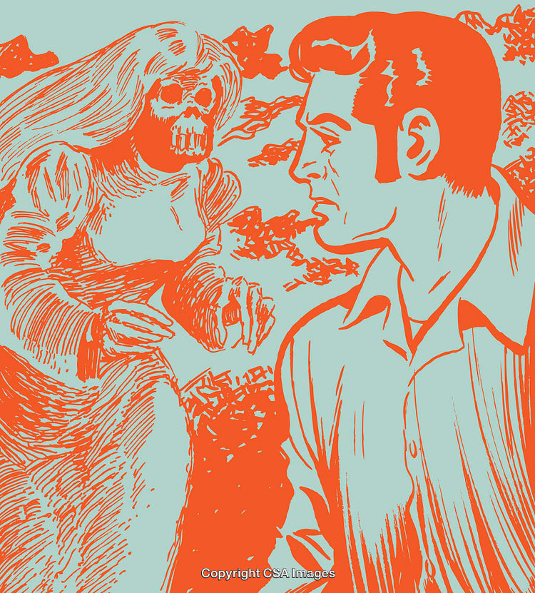 Surreal Artistic Depiction of Skeletal Specter Confronting a Man