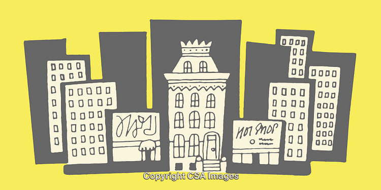 Hand-Drawn Illustration of Cityscape Buildings in Yellow and Gray Colors