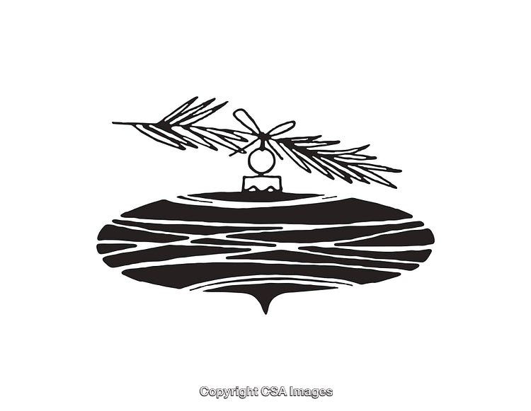 Black and White Illustration of a Christmas Ornament on Branch