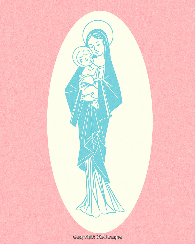 Blue Religious Artwork of Mary Holding Infant Jesus on Pink Background