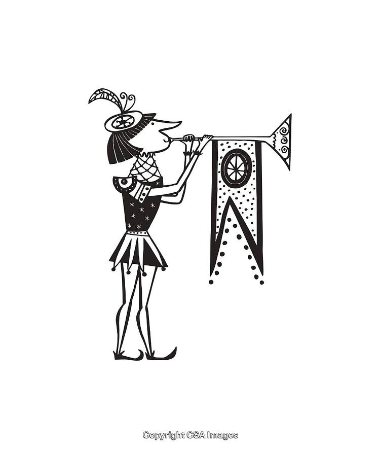Line Art Illustration of a Herald with Banner and Trumpet