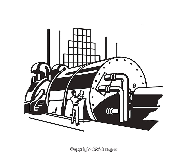 Industrial Boiler Line Art with Worker in Black and White Illustration