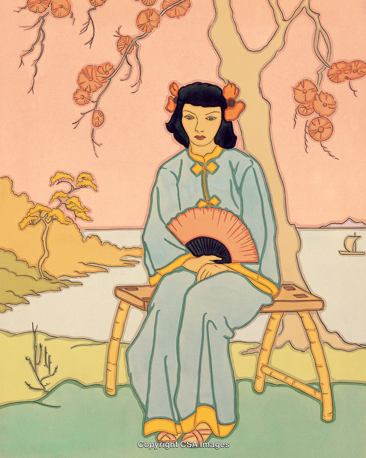 Illustrated Woman Sitting by a Tranquil River with Blossoms and Fan
