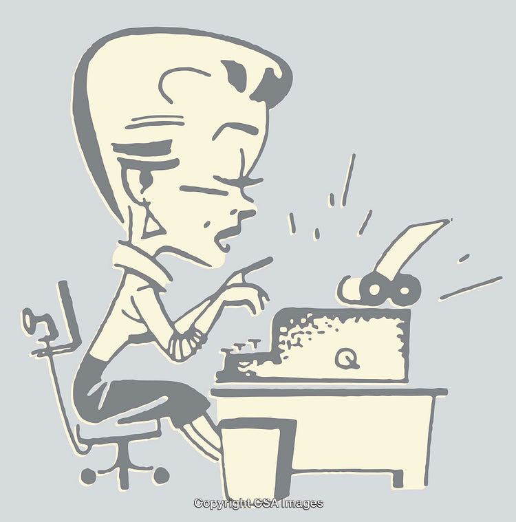 Cartoon Illustration of Woman Typing on Typewriter in Office Setting