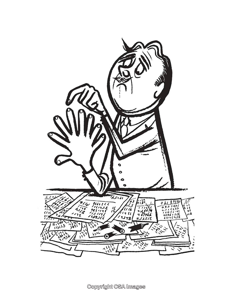 Black And White Illustration of a Man at a Desk With Papers