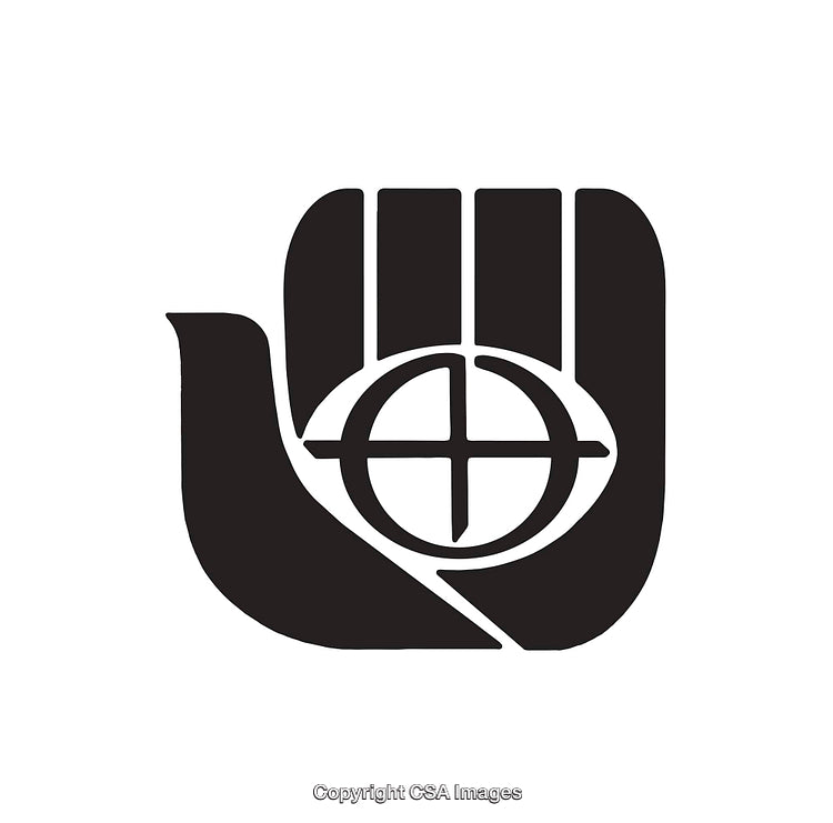 Monochrome Icon Depicting a Hand with an Eye and Cross Symbol