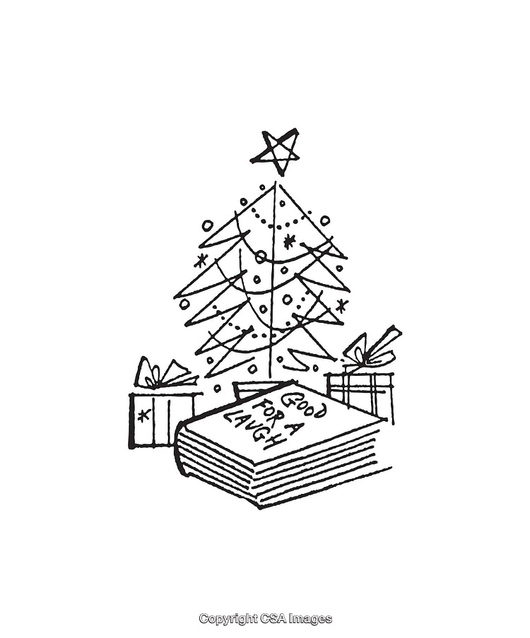 Black And White Line Art Christmas Scene with Presents and Decorated Tree