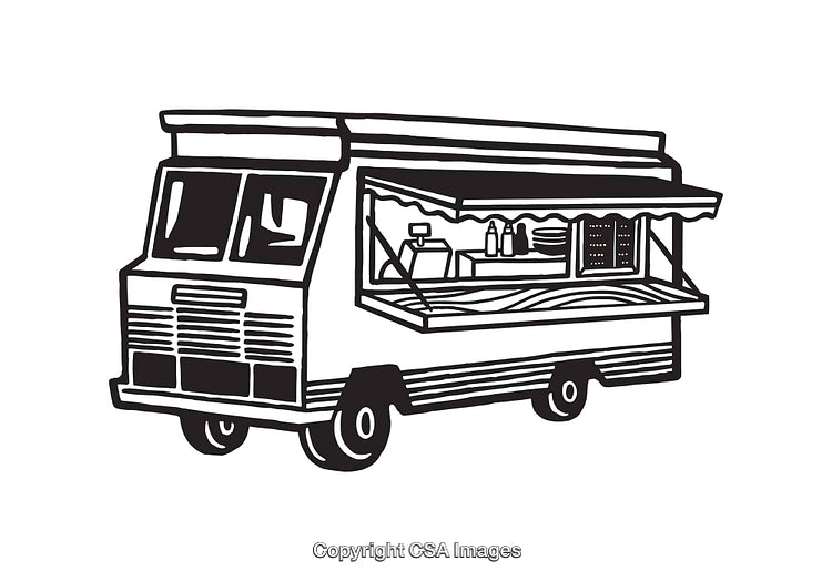 Black And White Line Art Illustration of a Food Truck