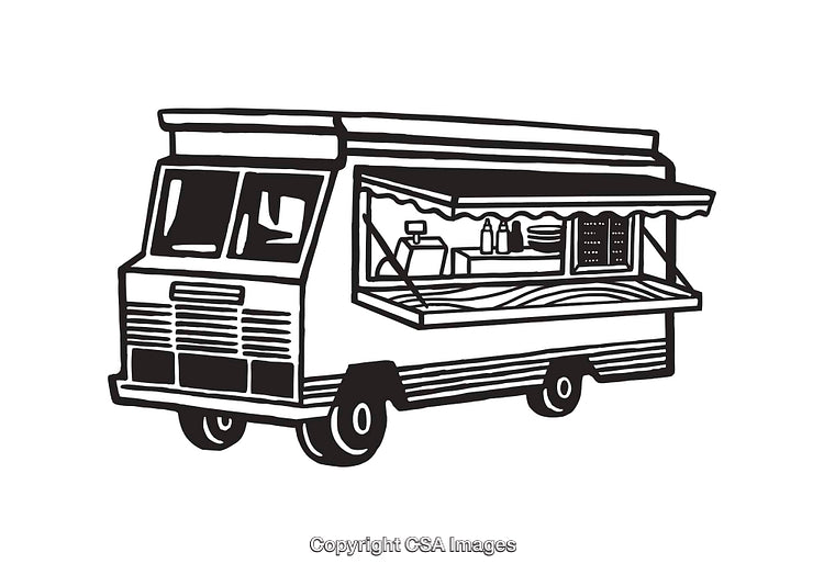 Black And White Line Art Illustration of a Food Truck
