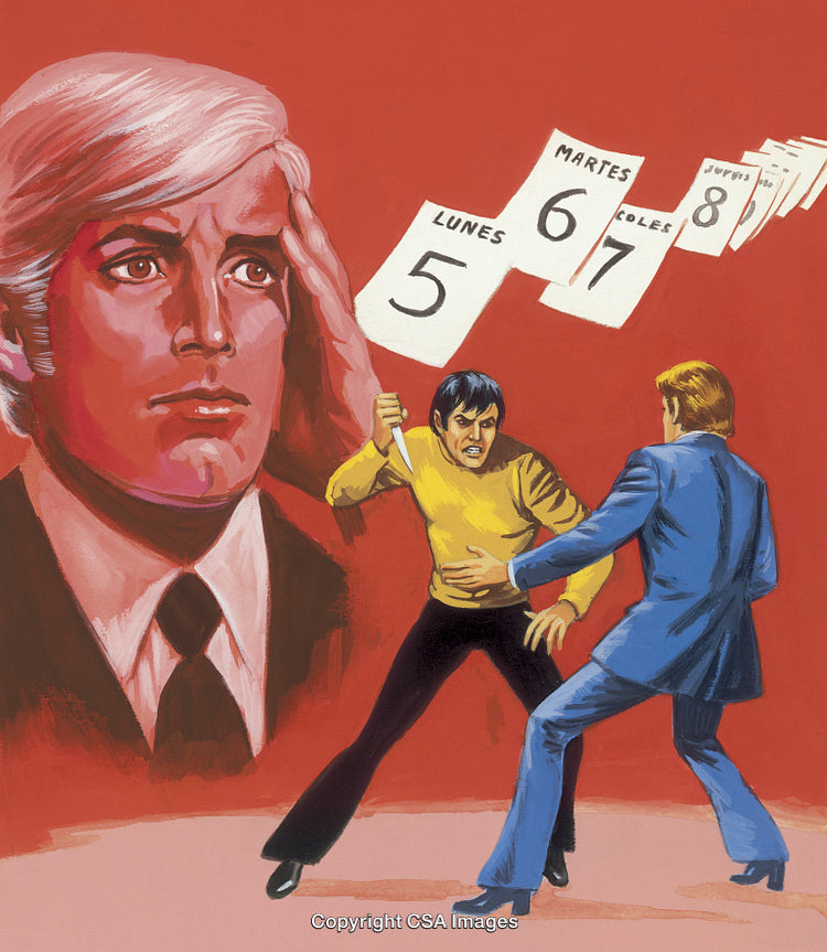 Illustration of a Dramatic Conflict and Mystery on a Red Background