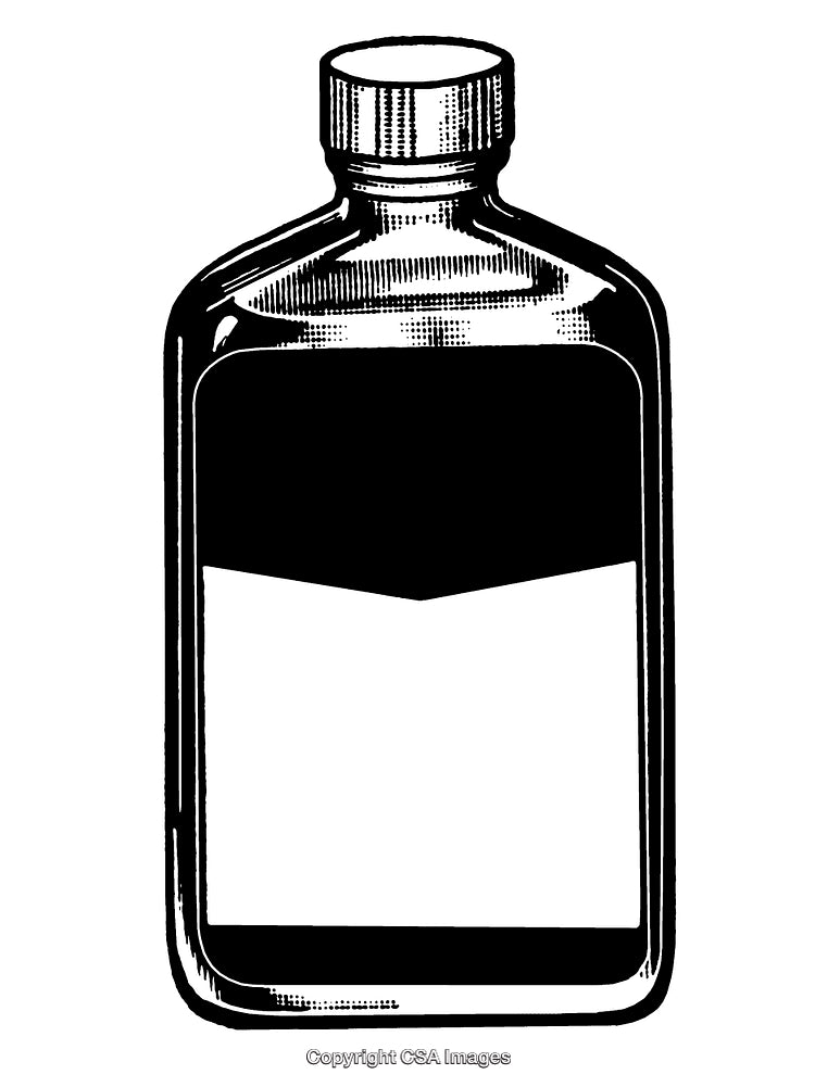 Black And White Engraving of a Rectangular Glass Bottle