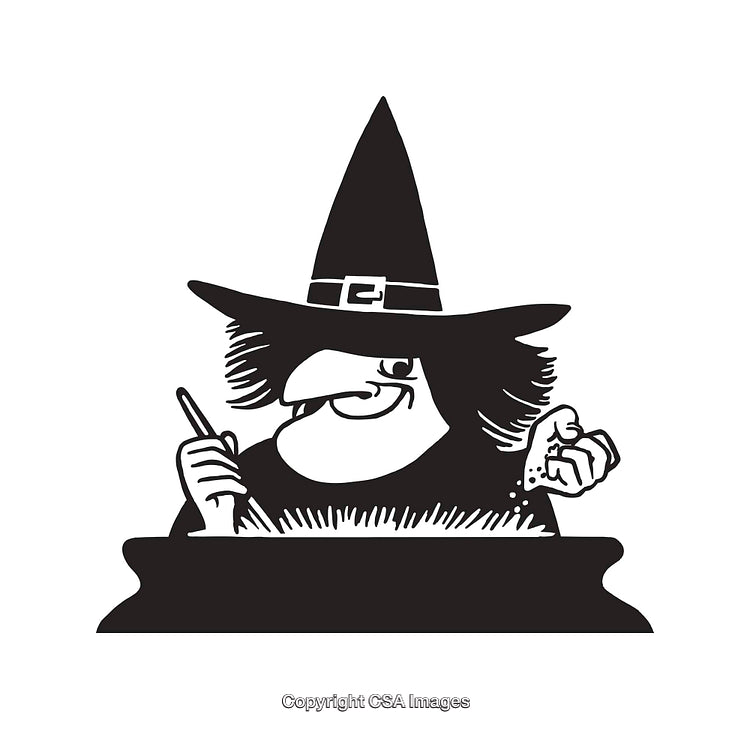 Black and White Witch Stirring a Cauldron with a Magical Potion