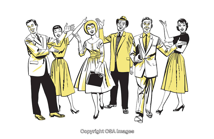 Retro Illustration of Happy People in Vintage Outfits Celebrating Together
