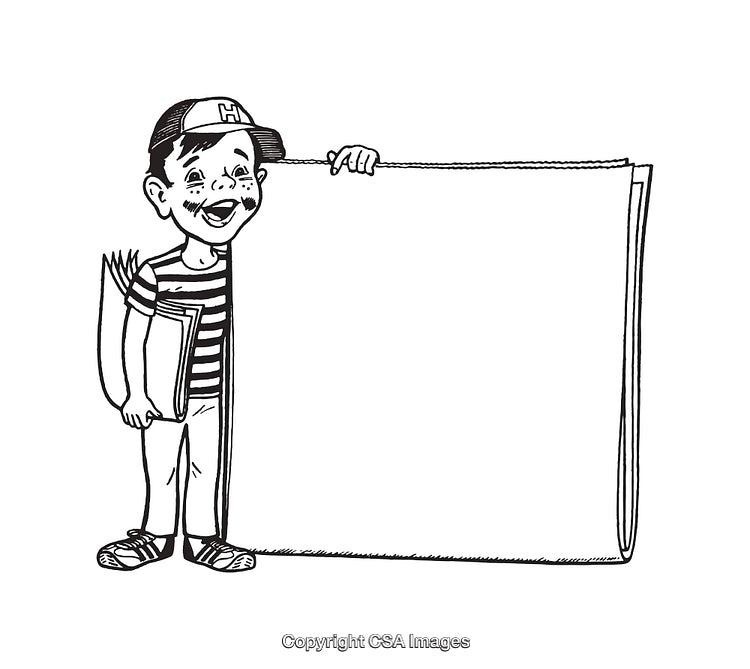 Black and White Illustration of a Smiling Boy Advertising with a Large Banner
