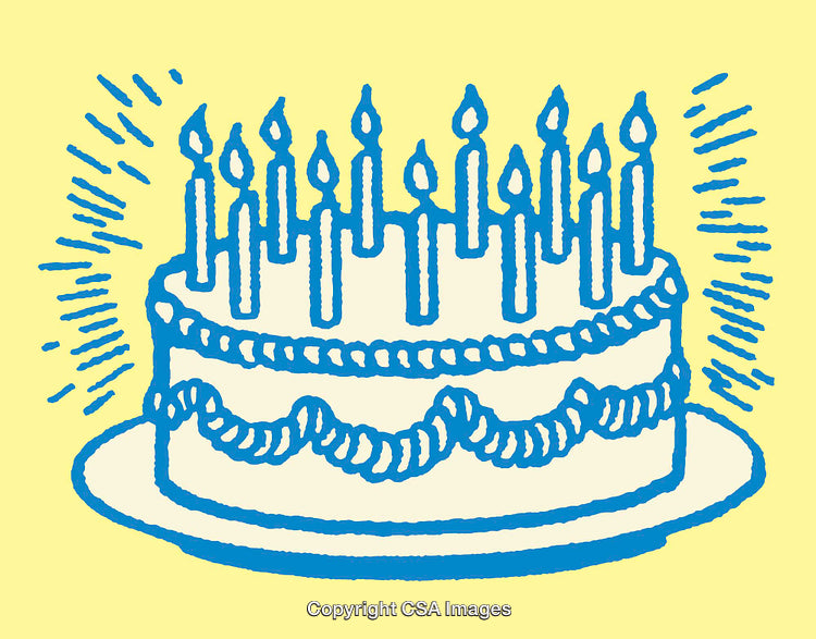 Colorful Illustrated Birthday Cake with Lit Candles on a Plate