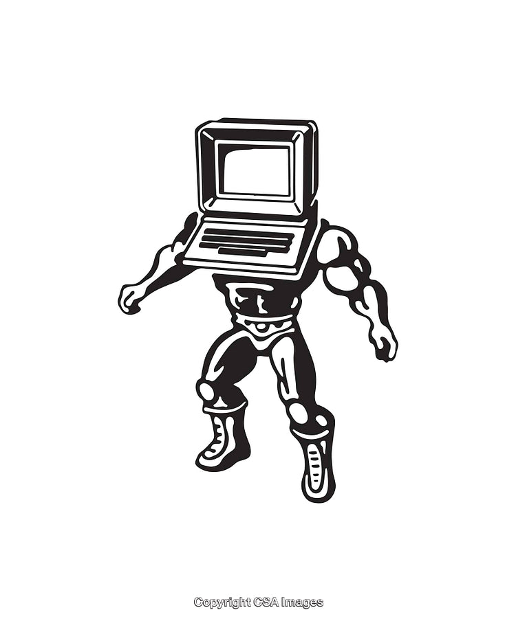Abstract Line Art of a Computer-Headed Strong Human Character