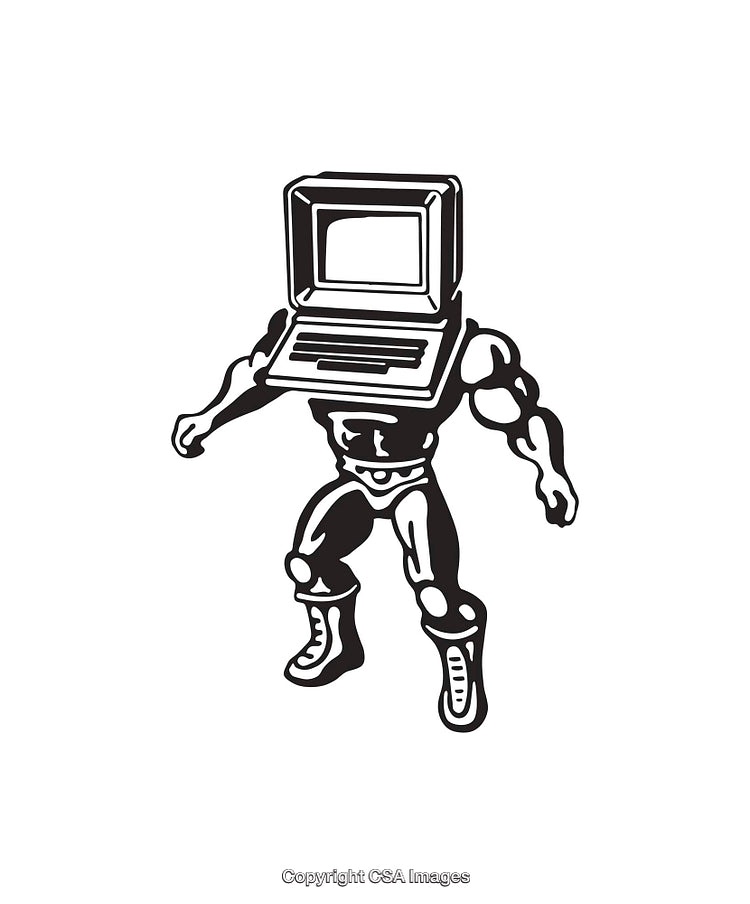 Abstract Line Art of a Computer-Headed Strong Human Character