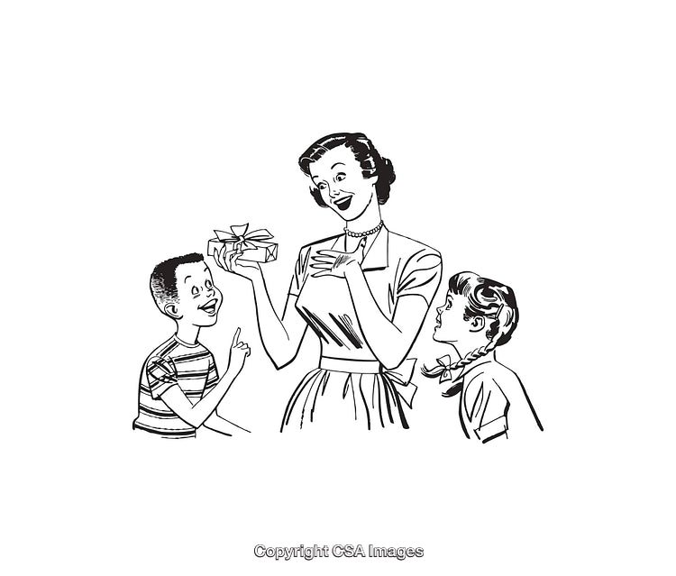 Vintage Illustration of a Family Moment Showing Giving and Celebration