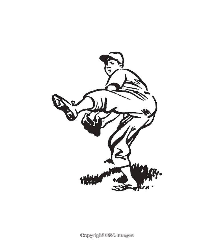 Vintage Black and White Line Art of a Baseball Pitcher in Action