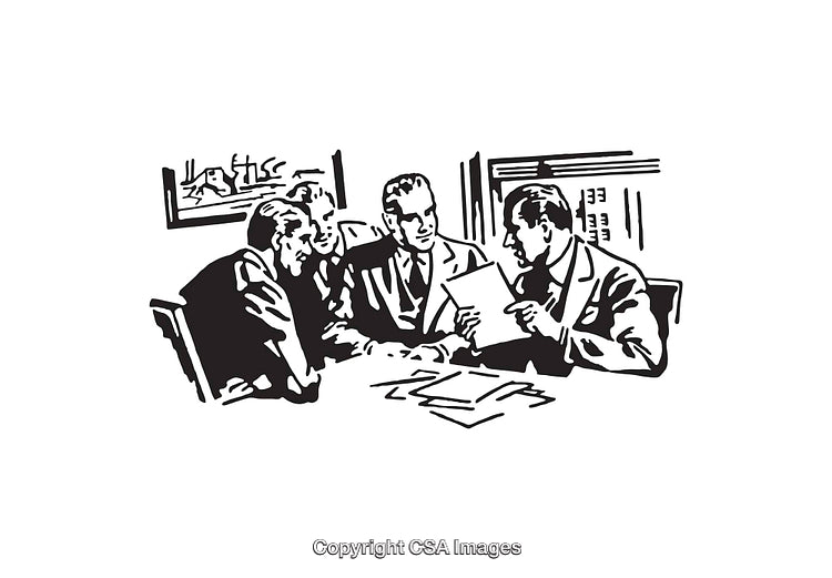 Black and White Line Art of Professionals Meeting and Collaborating at a Table