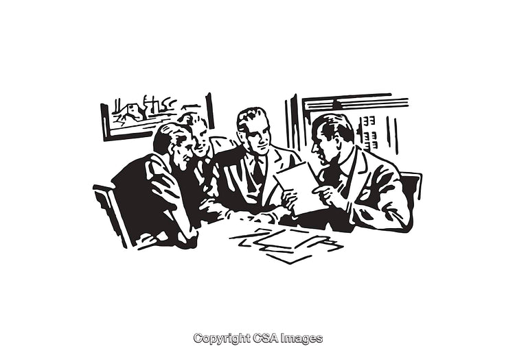 Black and White Line Art of Professionals Meeting and Collaborating at a Table
