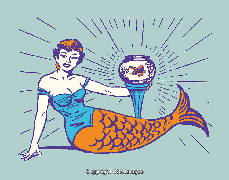 Retro Mermaid Illustration Holding Fishbowl in Vintage Art Style