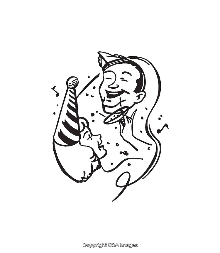 Black and White Line Art Depicting Festive Party Celebration with Masks