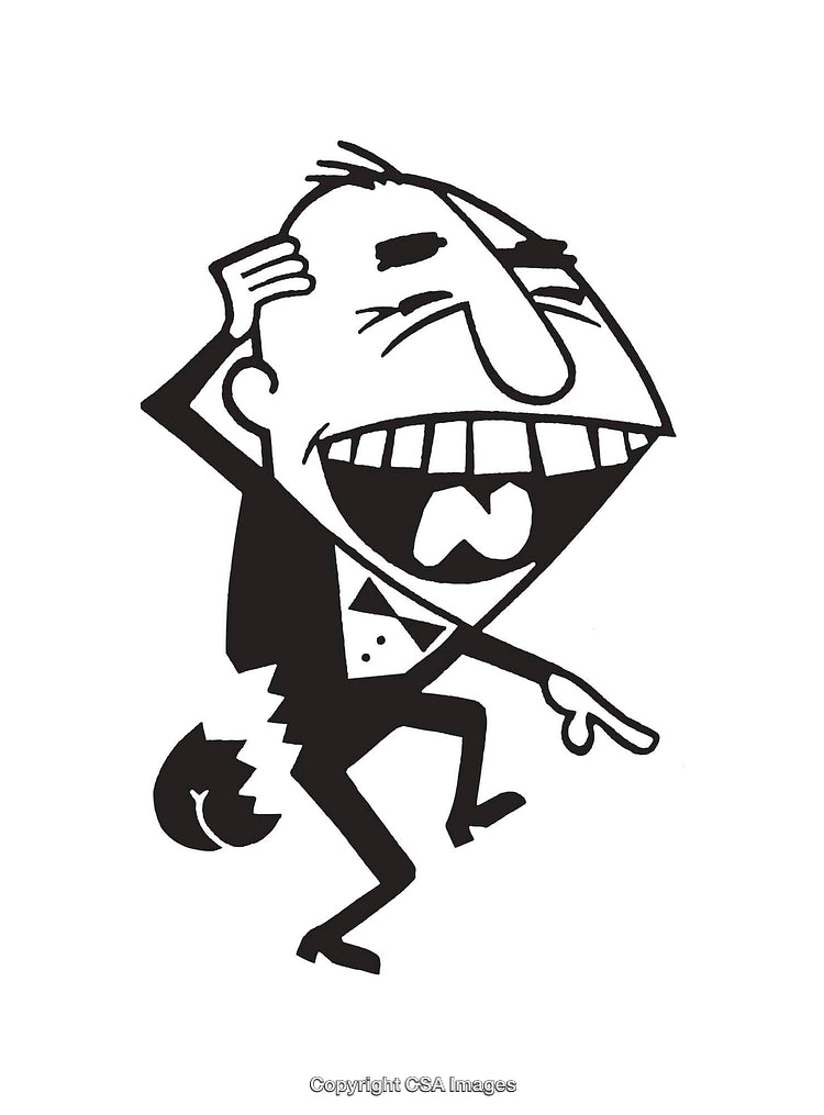 Black and White Illustration of a Laughing Character in a Suit