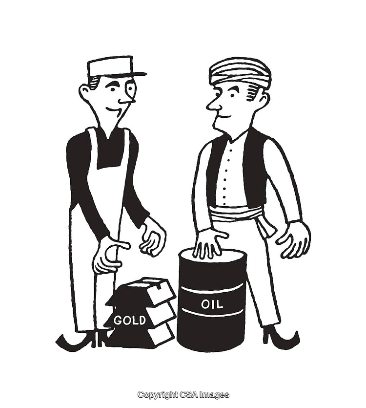 Black and White Illustration of Men Exchanging Gold and Oil Products