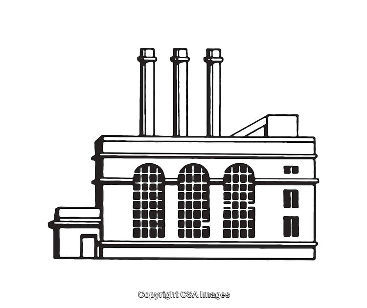 Black and White Line Art Illustration of a Factory Building with Chimneys